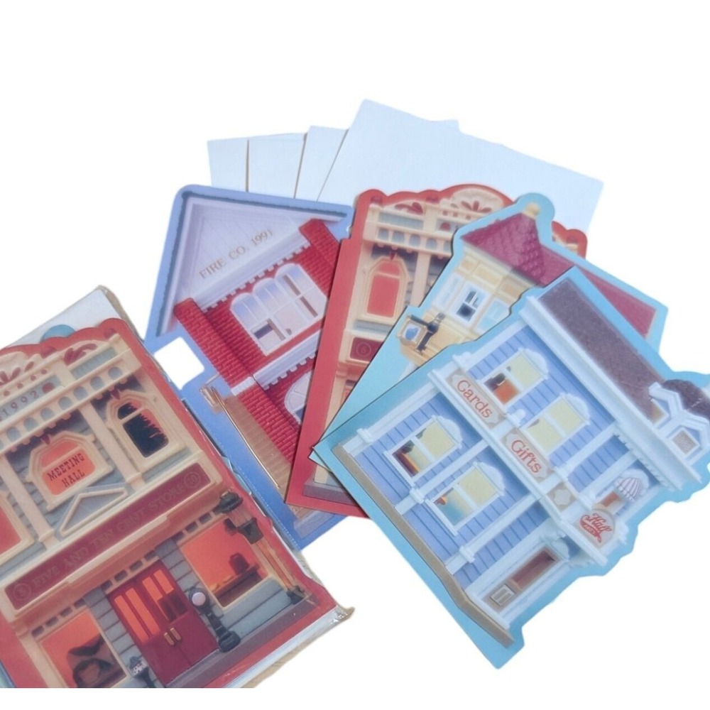 Hallmark Die Cut Village Greeting Cards Set Meeting Hall Fire Co 12 cards vtg